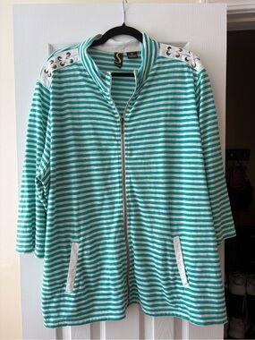 Sportelle Aqua & White Striped Zip-Front Bomber Jacket